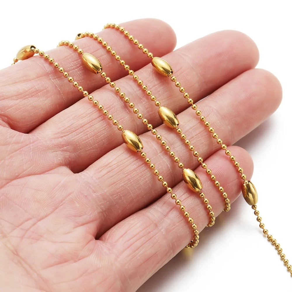 CN 132 Cross bead gold Stainless steel chain - per feet - Anti tarnish