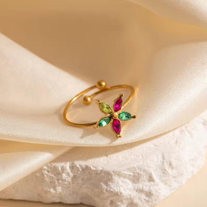 RSJ36D Multi color Flower zircon ring -18k Gold PVD plated 316 stainless steel - Anti tarnish