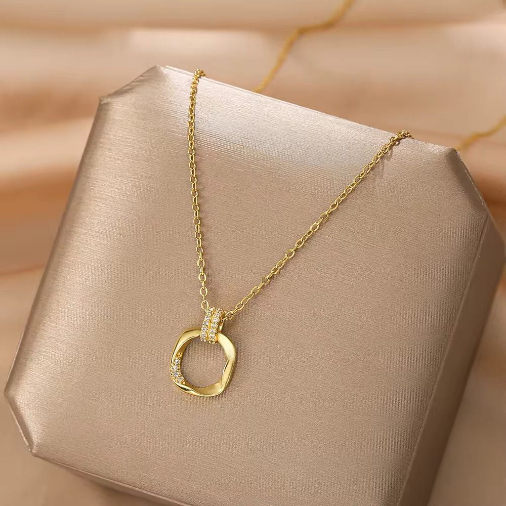 SJ 736 Double Ring Zircon Square Dainty 14k Necklace - 18k Gold PVD plated stainless steel - Anti tarnish