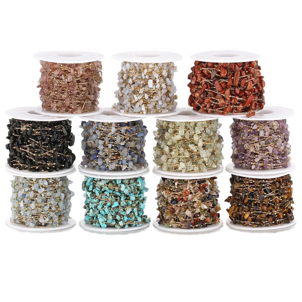 CN 227 Polychromatic gemstone crystal gold Stainless steel chain ( 1 feet )Anti tarnish