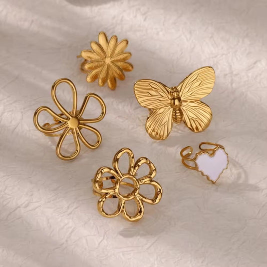 SJ 595 Hammered Daisy floral Style Ring Adjustable- 18k Gold PVD plated stainless steel - Anti tarnish