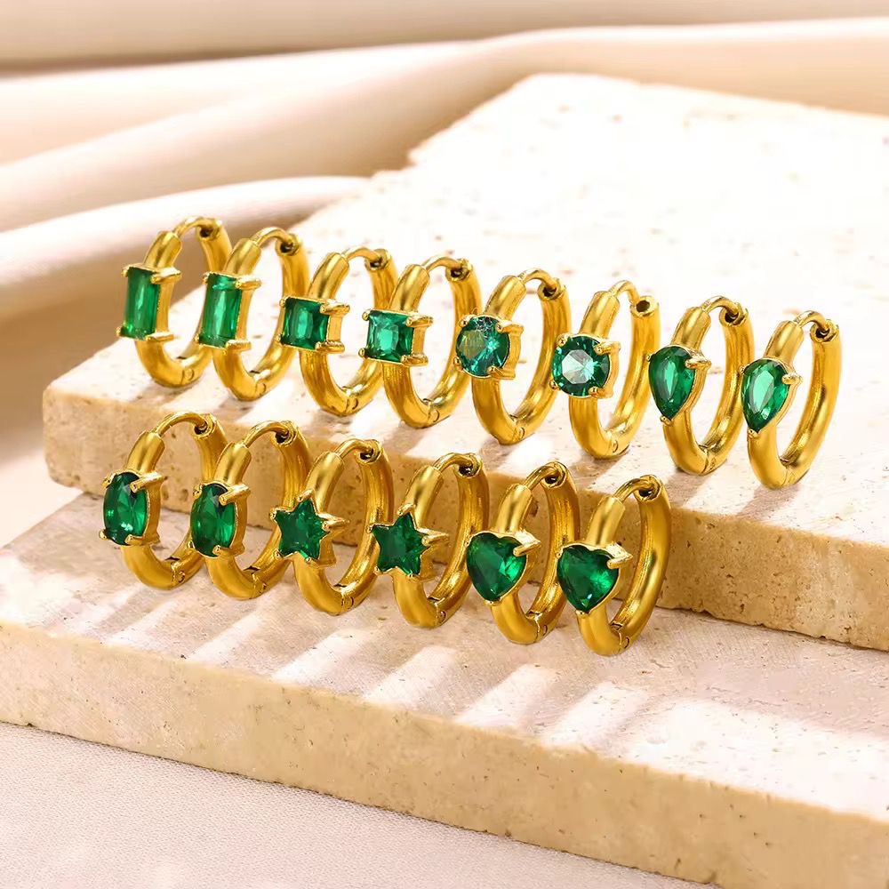 SJ 510 - Star Emerald zircon huggie Earring - 18k Gold PVD plated stainless steel - Anti tarnish - Wholesale