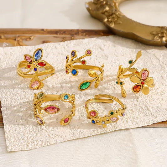 SJ 924 Zircon Leaf Floral Ring Adjustable - 18k Gold - 18k Gold PVD plated stainless steel - Anti tarnish