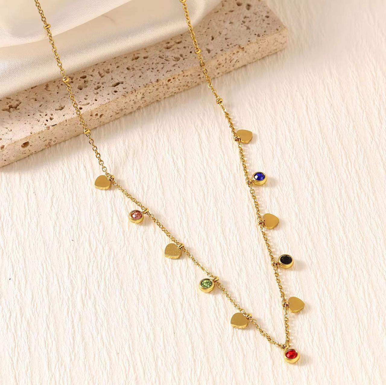 SJ 997 Heart Minimalist Dainty colourful Zircon charm Necklace - 18k Gold PVD plated stainless steel - Anti tarnish