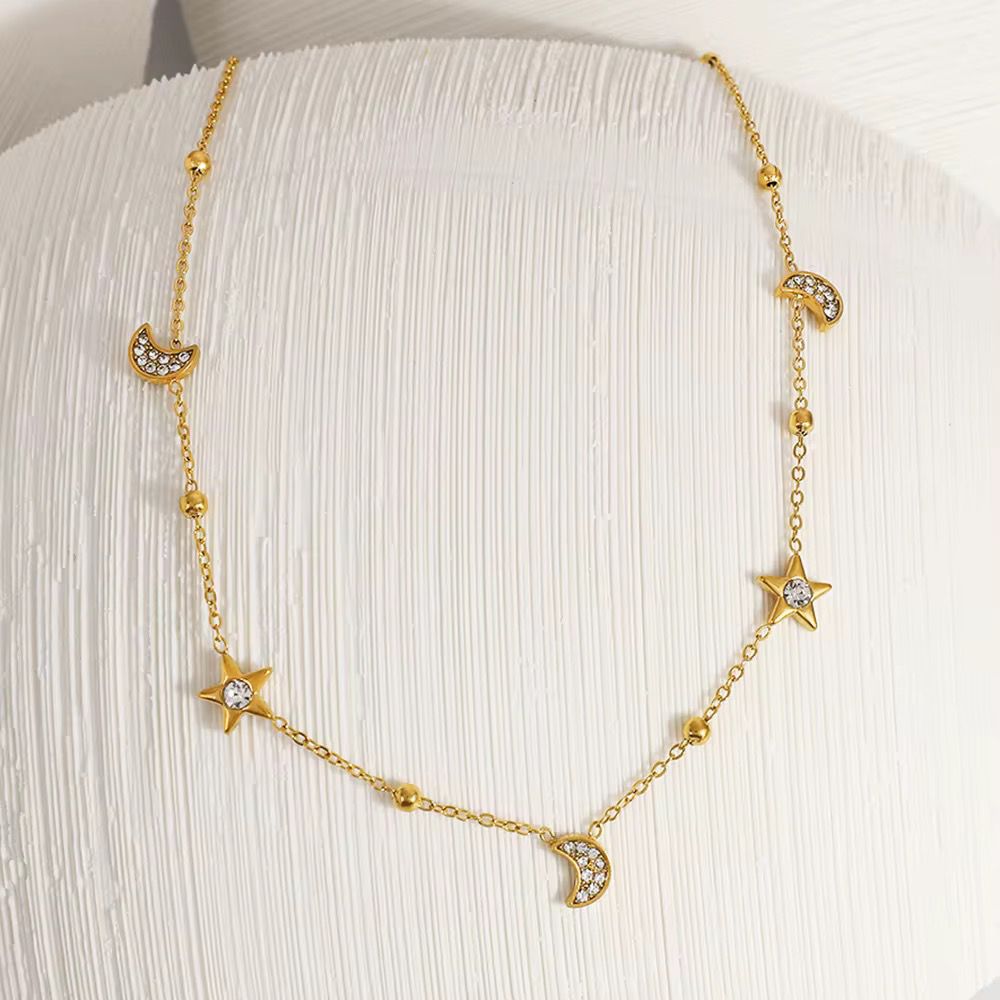 SJ 1125 Moon Inlaid Daimond Zircon Necklace - 18k Gold PVD plated stainless steel - Anti tarnish