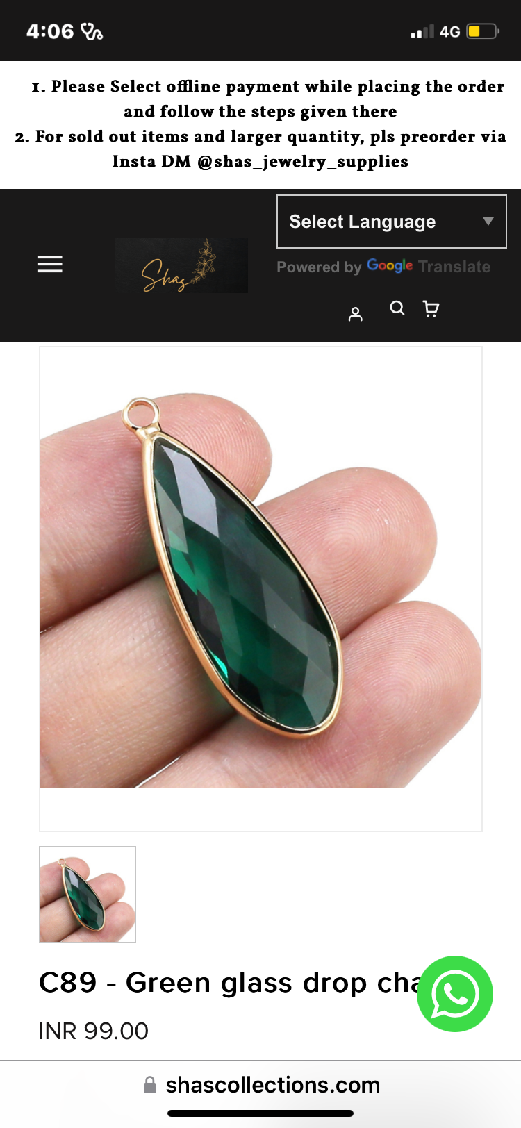 SS 407 Green glass drop charm