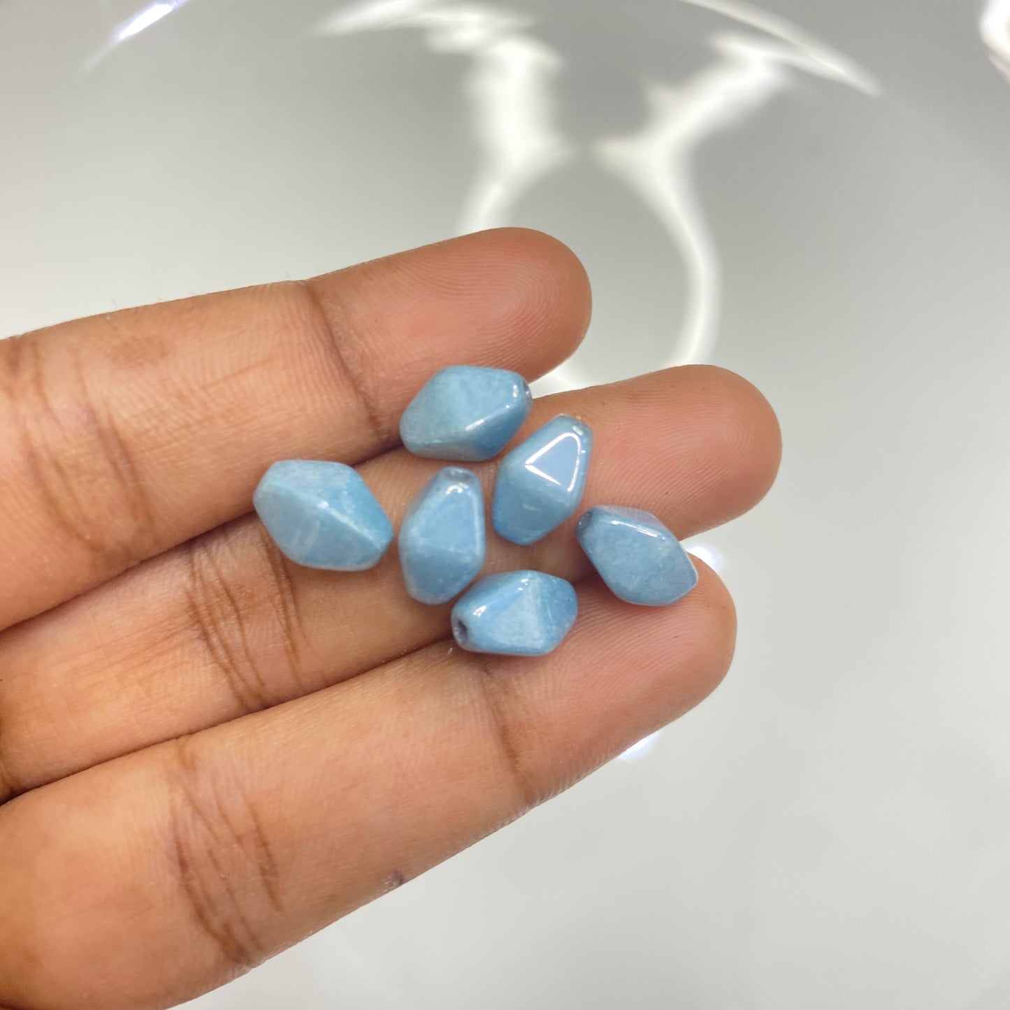 CB 1094 Czech pressed Glass Bicon Lantern Beads Opaque Blue Ceramic Look - per piece