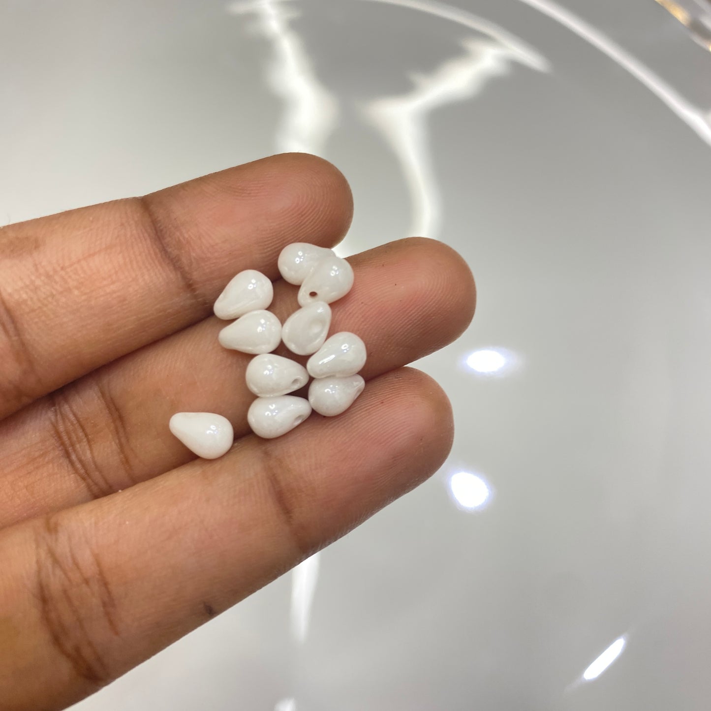 BBB 107 (A) Czech pressed Glass Teardrop Beads Opaque White Ceramic Look -(1PC)