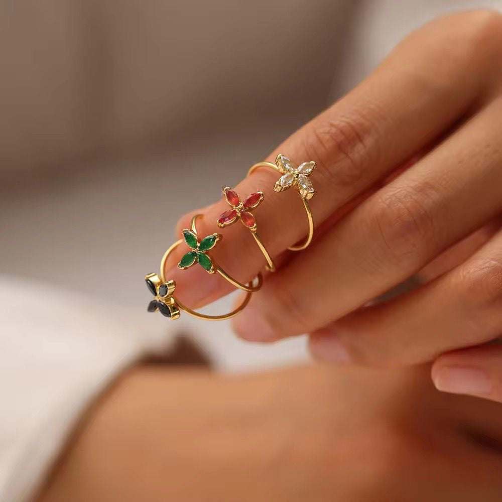 SJ 723 Emerald Zircon Flower Dainty Ring Adjustable - 18k Gold PVD plated stainless steel - Anti tarnish