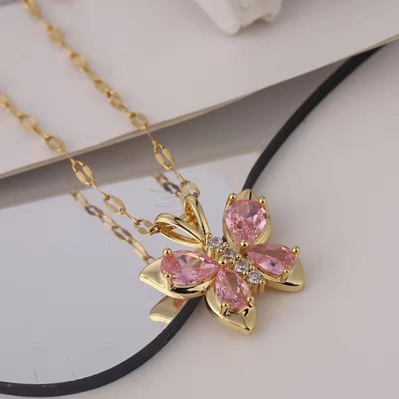 SJ 743 Minimalist Cute Pink Butterfly Zircon Necklace - 18k Gold PVD plated stainless steel - Anti tarnish