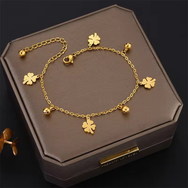 SJ 709 Korean Style Clover Leaf Bell Dangling Anklet - 18k Gold PVD plated stainless steel - Anti tarnish