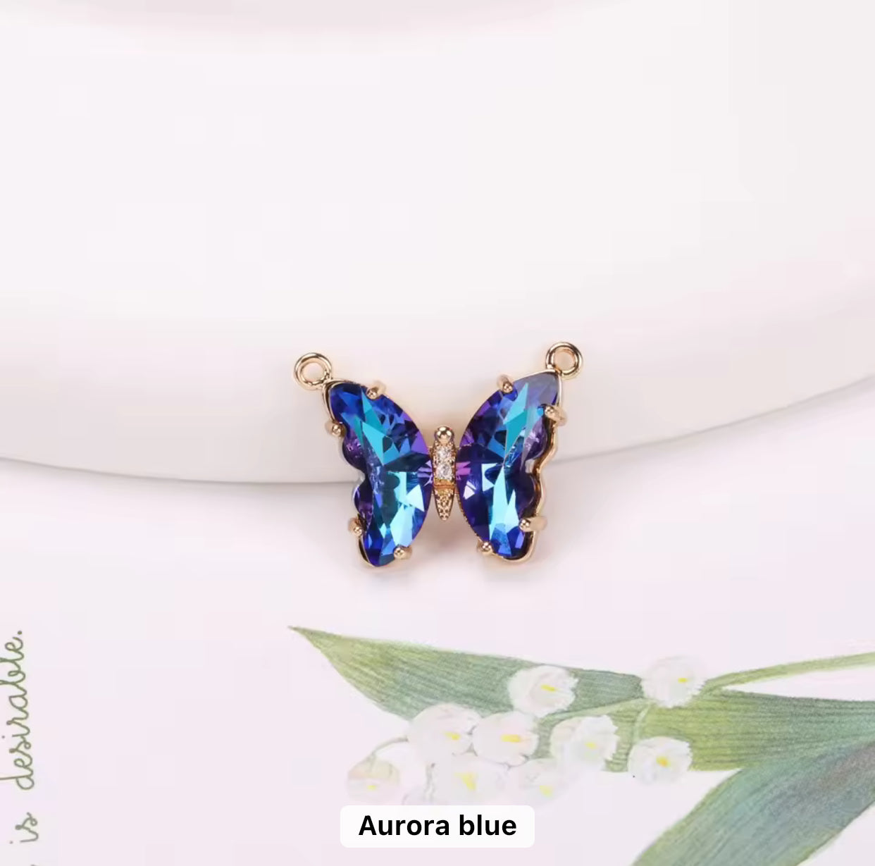 BBB 206 (q) Holographic Blue Butterfly 14k gold plated Zircon crystal charm ( 1 pc ) Anti tarnish ( 22:16 mm )