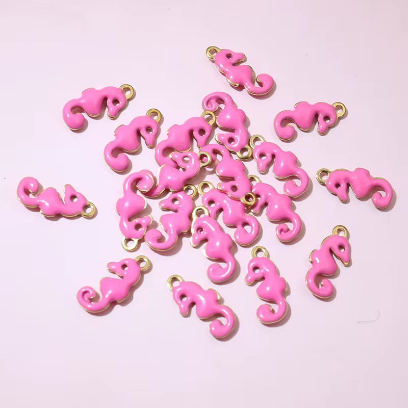 BBB 244 (a) Pink Sea Horse Enamel Tiny Charm 18K Gold PVD plated stainless steel ( 1 piece ) Anti tarnish ( 12:6 mm )