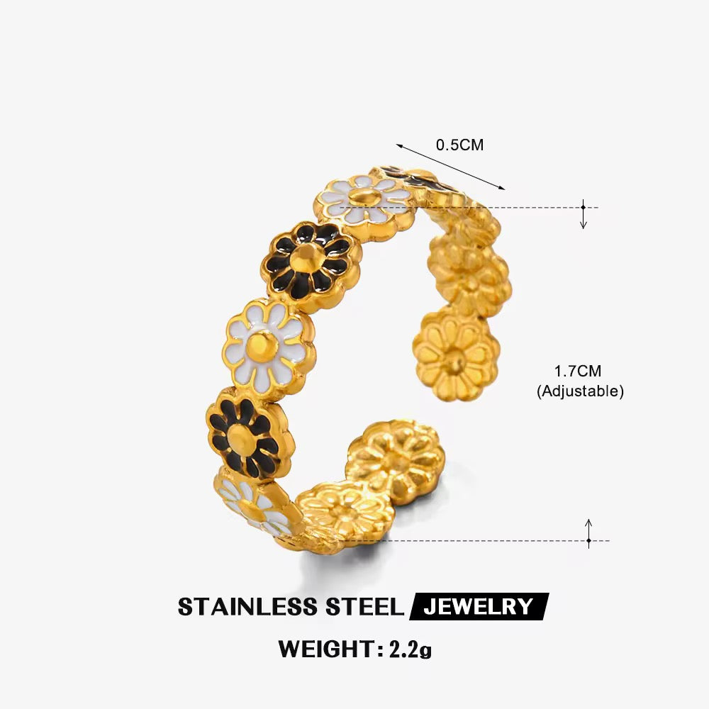 SJ 50 Black & White daisy adjustable Ring - 18k stainless steel - Anti tarnish