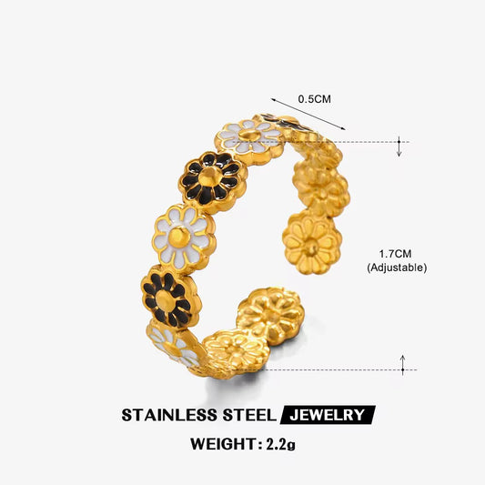 RSJ01A Black & White daisy adjustable Ring - 18k gold PVD plated 316 stainless steel - Anti tarnish