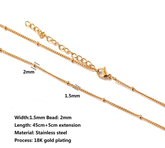 RC 20 Bead gold Stainless steel ready chain with extension ( 1 pc ) Anti tarnish