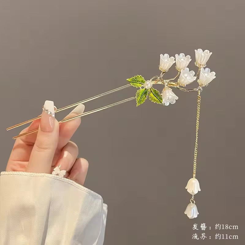 HA 23 Floral Hair Stick with Dangling Tassel Drop - Retro korean Style ( 1 pc )