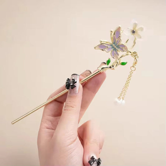 HA 14 Purple Floral Hair Stick with Dangling Tassel Drop - Retro korean Style ( 1 pc )