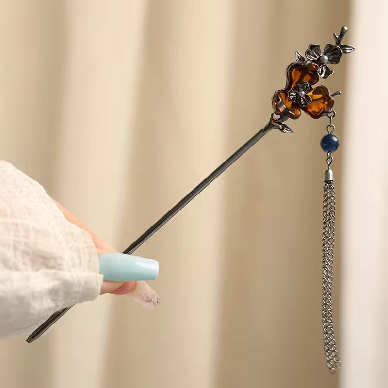 HA 29 Black Floral Gothic Hair Stick with Dangling Tassel Drop - Retro korean Style ( 1 pc )