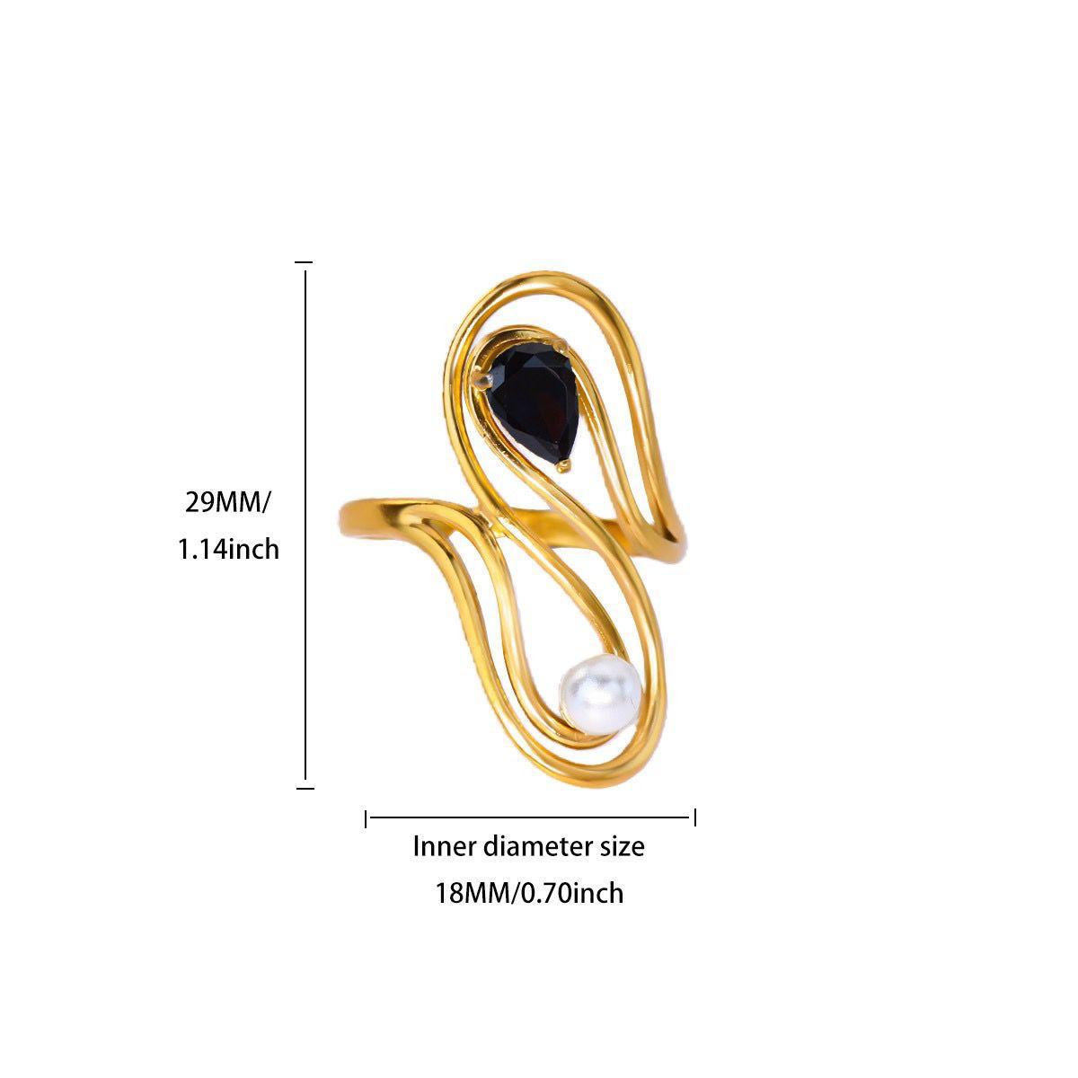RSJ37C Black zircon & pearl ring -18k Gold PVD plated