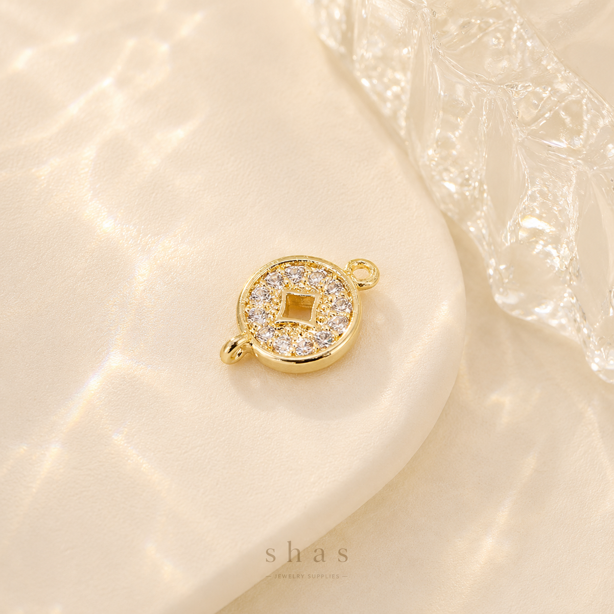 GPC14G Round Zircon Connector charm 14k gold plated ( 1 pc ) Anti tarnish