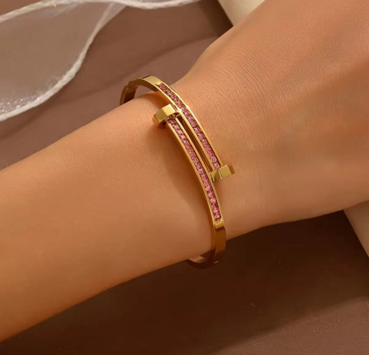 BSJ15F Pink zircon bracelet - 18k gold PVD plated 316 stainless steel - Anti tarnish