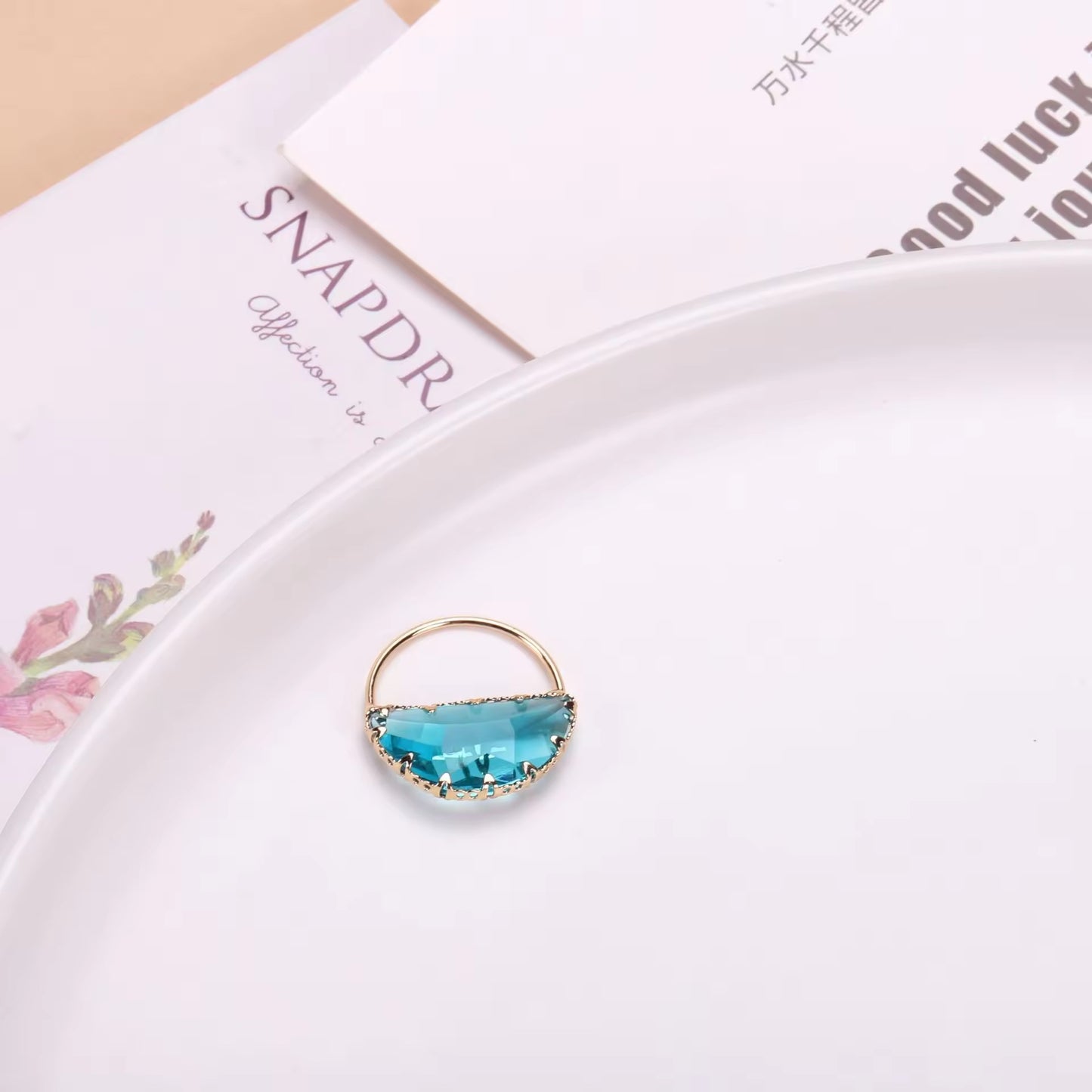 CZ 2580 Light Blue Half Round glass zircon charm 18k gold plated ( 1 pc ) Anti tarnish