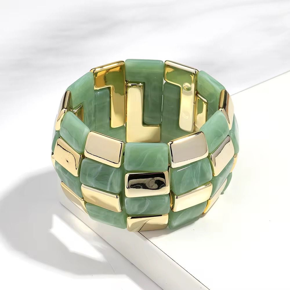 SJ 628 Jade Green Marble Spliced Geometric Resin Bead Bracelet - Anti tarnish