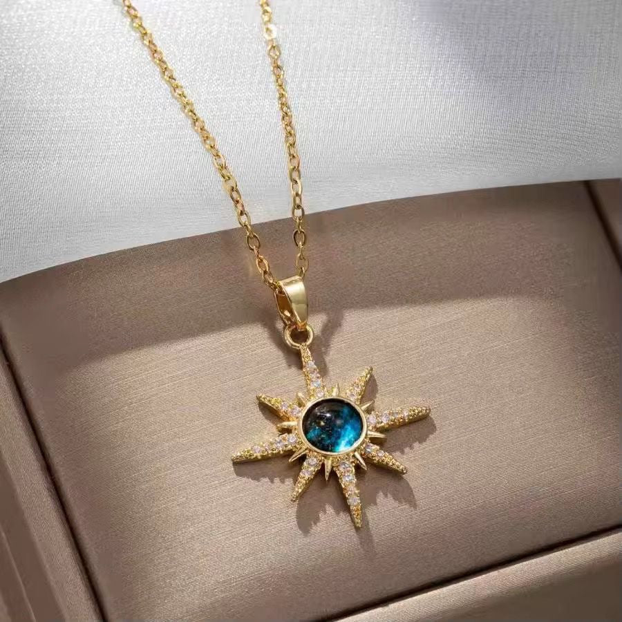 NSJ37E Sun zircon Stainless steel chain and zircon Copper gold plated pendant