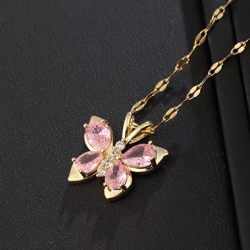 SJ 743 Minimalist Cute Pink Butterfly Zircon Necklace - 18k Gold PVD plated stainless steel - Anti tarnish