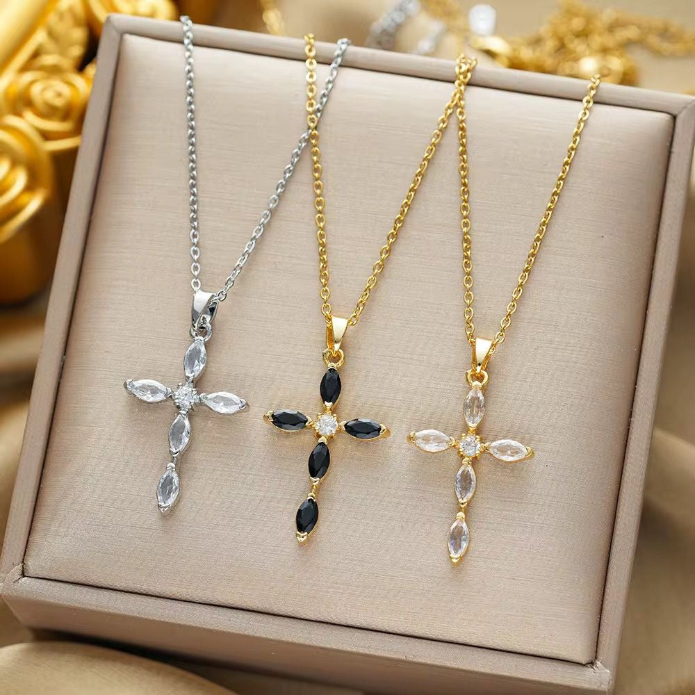 SJ 1044 Cross Zircon Necklace - ( Copper pendant, stainless steel chain ) - Anti tarnish