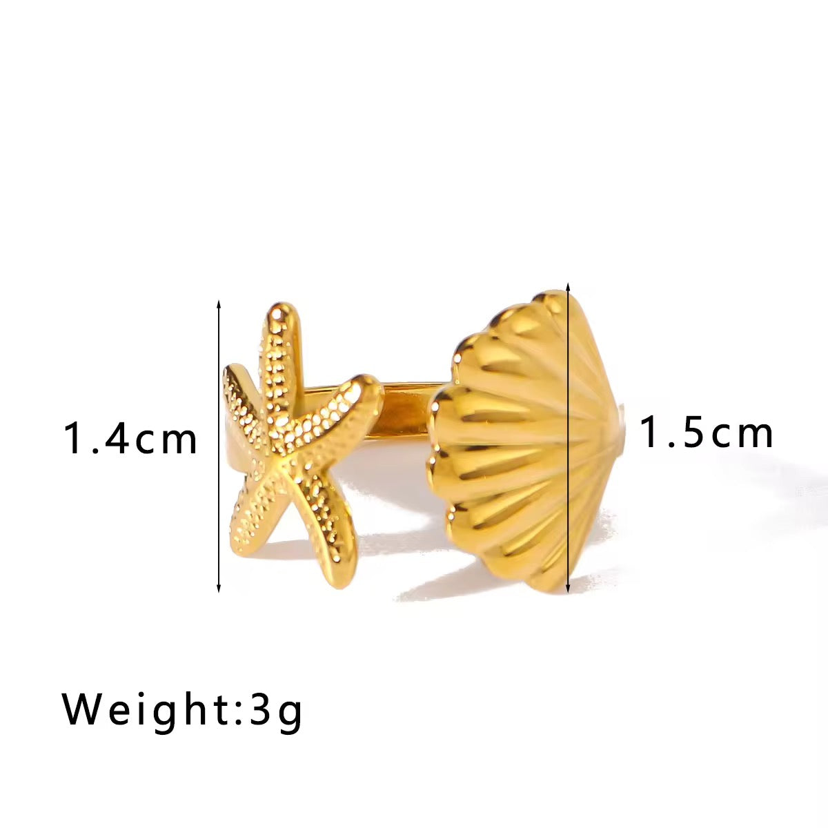 SS 254 Star shell ring adjustable- 18k gold plated stainless steel - Anti tarnish - Wholesale