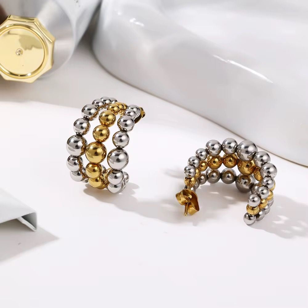SJ 944 Dual Tone Beaded C hoop stud Earring - 18k Gold PVD plated stainless steel - Anti tarnish