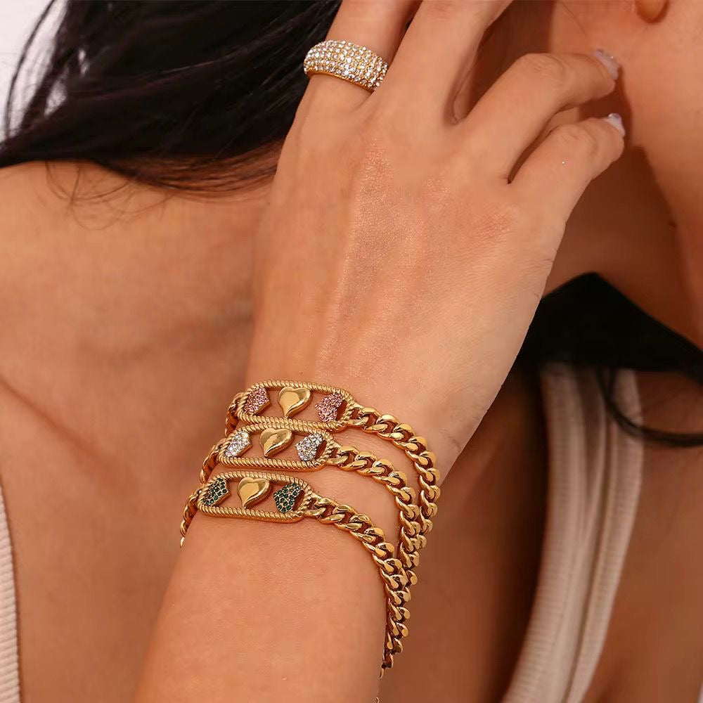 SJ 1012 Zircon Heart Chunky Bracelet - Premium Collection - 18k Gold PVD plated stainless steel - Anti tarnish