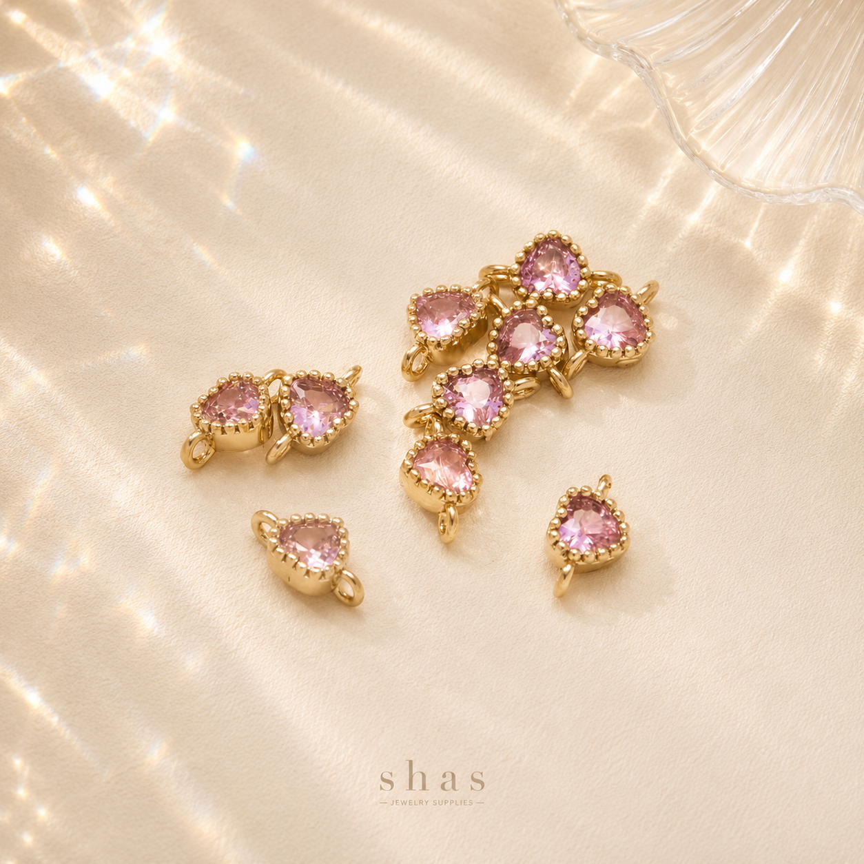 GPC05J3 Pink Heart Zircon connector charm 14k gold plated ( 1 pc ) Anti tarnish
