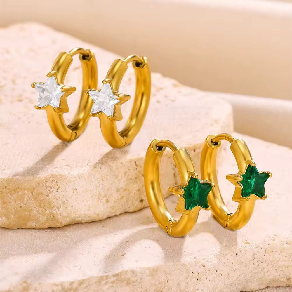SJ 510 - Star Emerald zircon huggie Earring - 18k Gold PVD plated stainless steel - Anti tarnish - Wholesale