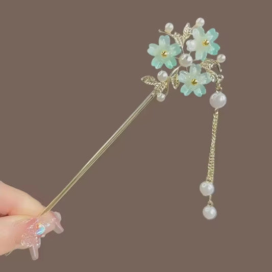 HA 13 Blue Sakura Flower Hair Stick with Dangling Tassel Drop - Retro korean Style ( 1 pc )