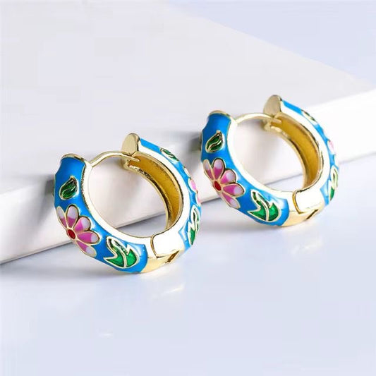 GP 21 Floral Vintage Enamel Gold plated Hoops - Anti tarnish