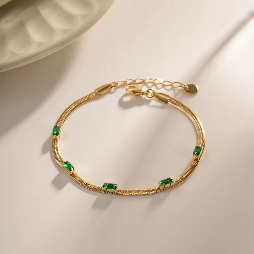 SJ 738 Emerald Zircon Snake chain dainty Bracelet - 18k Gold PVD plated stainless steel - Anti tarnish