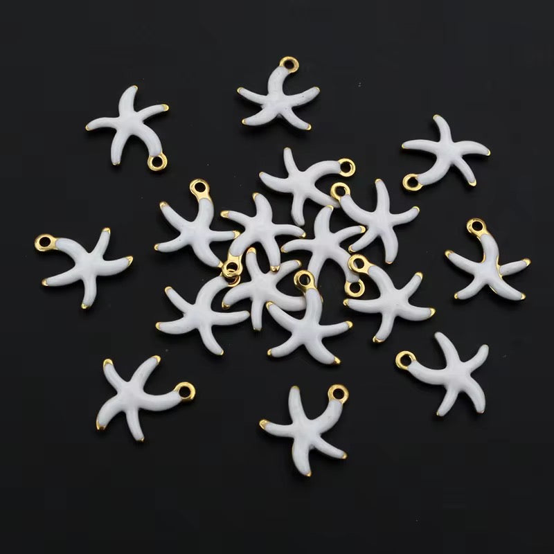 BBB 245 (b) White Star fish Enamel Tiny Charm 18K Gold PVD plated stainless steel ( 1 piece ) Anti tarnish ( 10.5:10 mm )