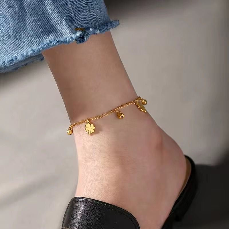 SJ 709 Korean Style Clover Leaf Bell Dangling Anklet - 18k Gold PVD plated stainless steel - Anti tarnish