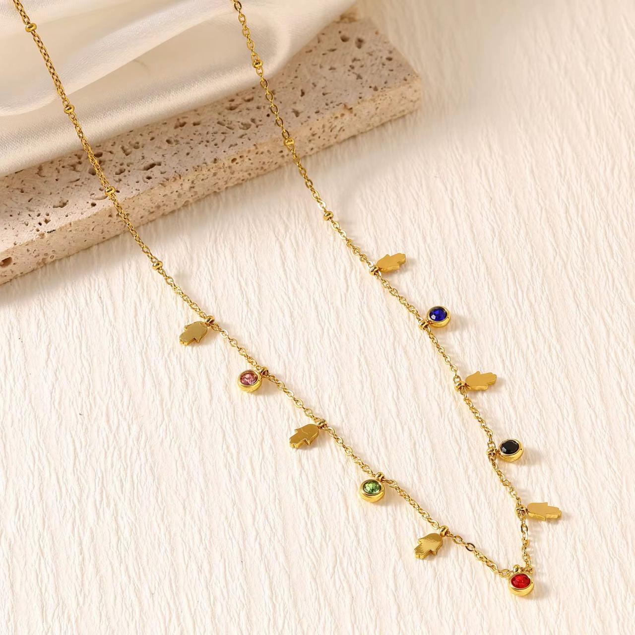 SJ 993 Hamsa Minimalist Dainty colourful Zircon charm Necklace - 18k Gold PVD plated stainless steel - Anti tarnish