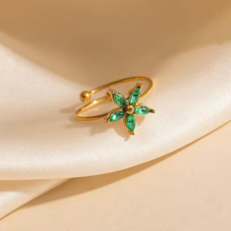 RSJ36E Green Flower zircon ring -18k Gold PVD plated 316 stainless steel - Anti tarnish