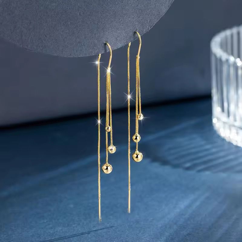 ESJ31D Dew drop triple beaded threader Earrings 18k Gold PVD plated