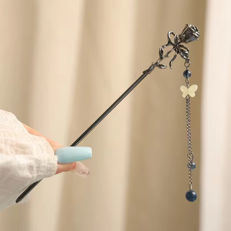 HA 28 Rose Gothic Hair Stick with Dangling Tassel Drop - Retro korean Style ( 1 pc )