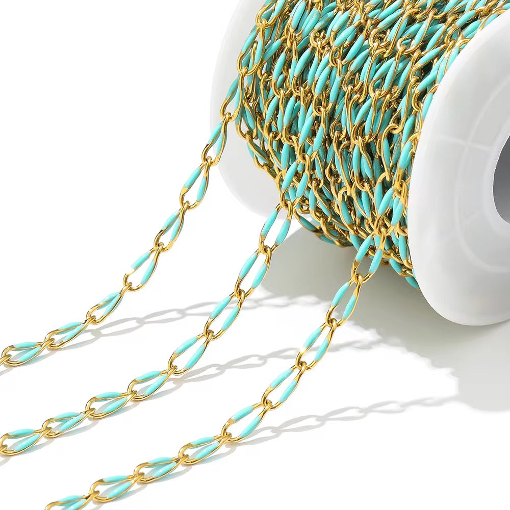 Light blue Drop oil 3.8 mm wide 18k gold plated Stainless steel chain ( 1 inch ) Anti tarnish