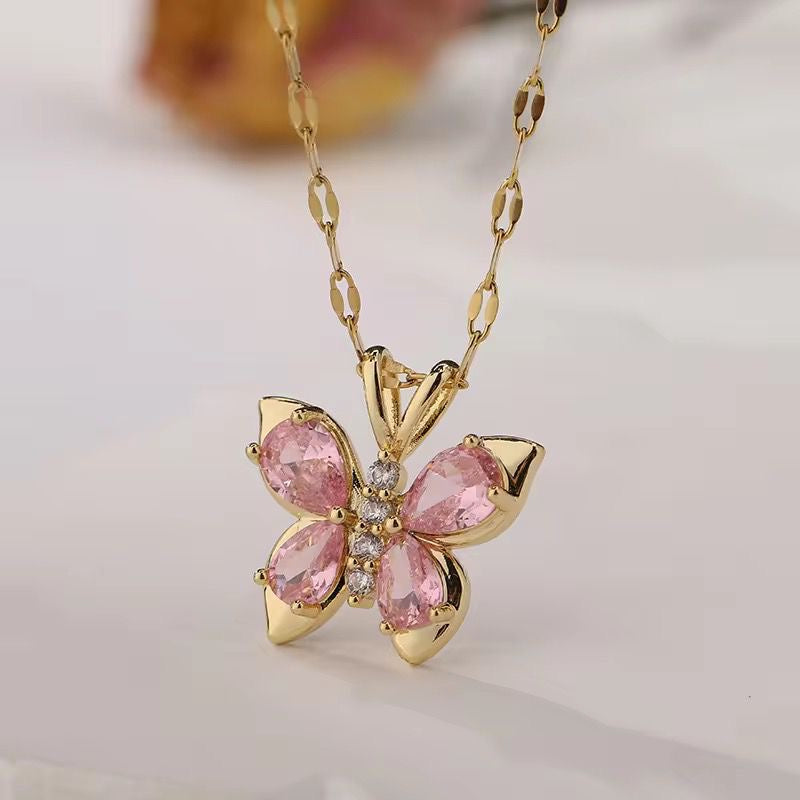 SJ 743 Minimalist Cute Pink Butterfly Zircon Necklace - 18k Gold PVD plated stainless steel - Anti tarnish