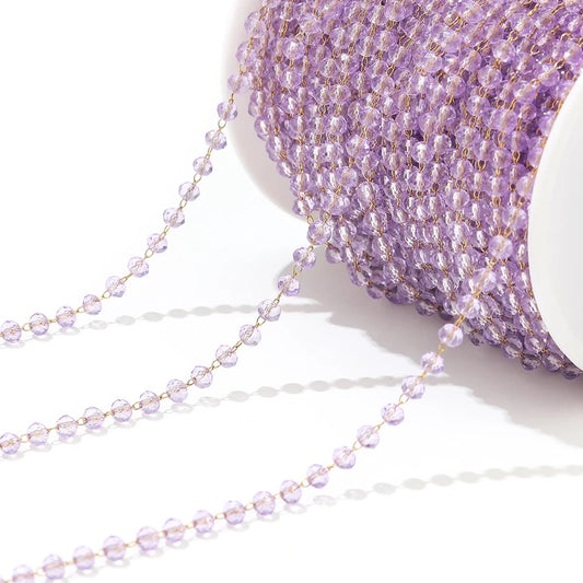 CN 232 Glass faceted beaded crystal gold Stainless steel chain ( 1 feet )Anti tarnish