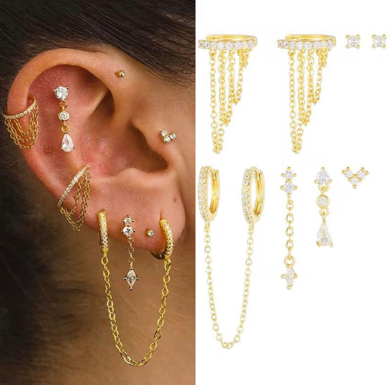 MSJ01J - 8 piece Zircon Earring stack stud set - 18k Gold PVD plated - Anti tarnish
