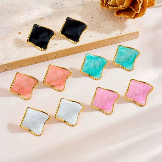 SJ 864 Blue Wavy Square stud - 18k Gold PVD plated stainless steel - Anti tarnish